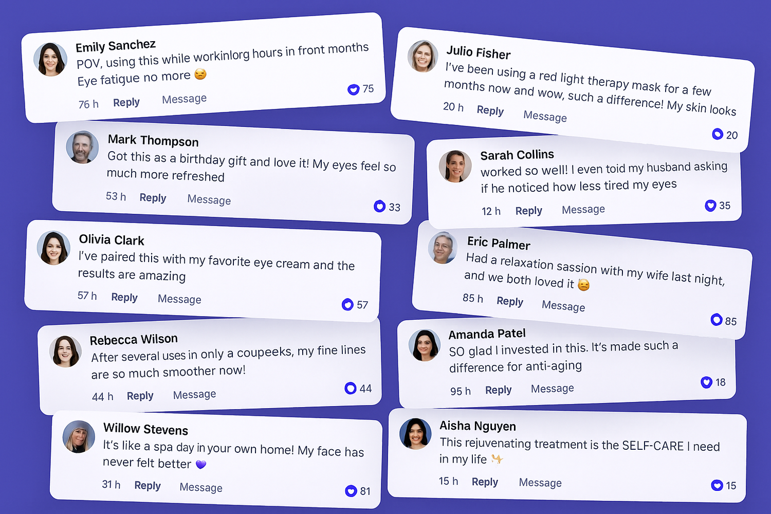 Social media testimonial collage for zenlurx with purple-blue accent